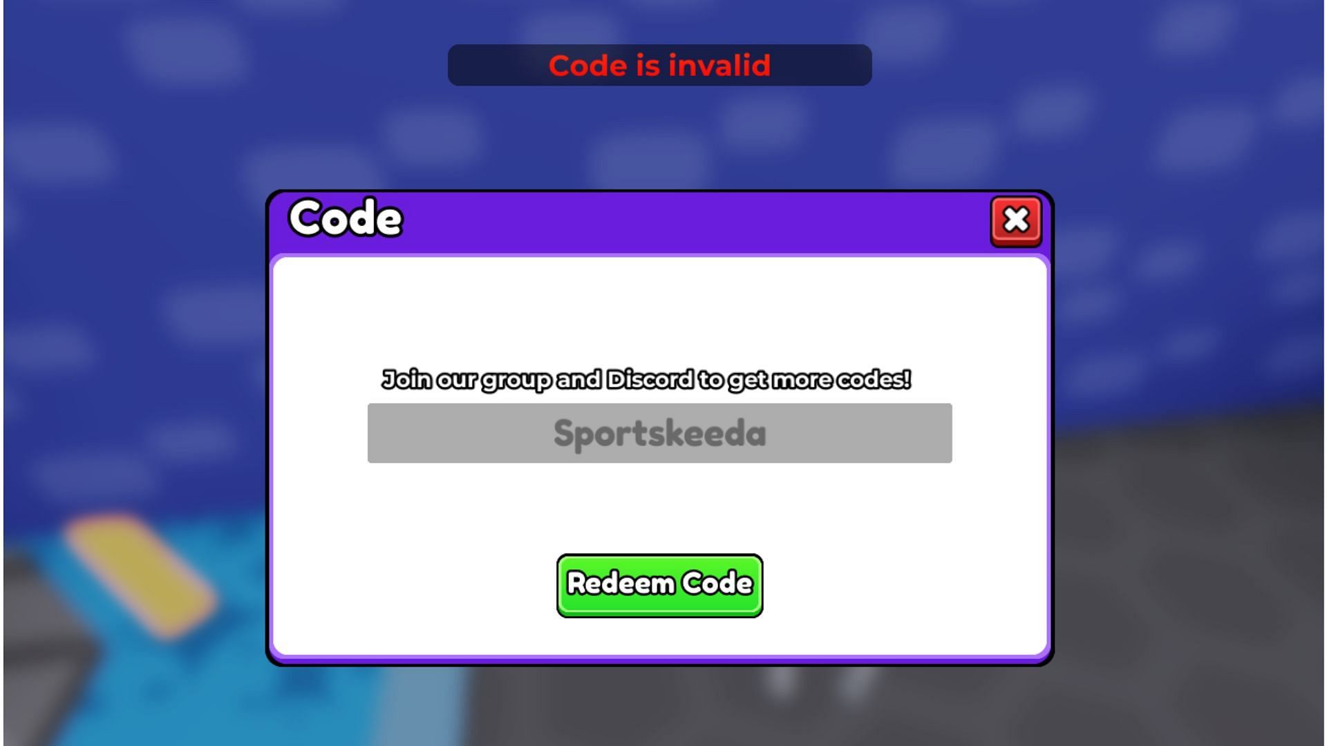 The "Code is invalid" error in Train Dog to Fight (Image via Roblox)